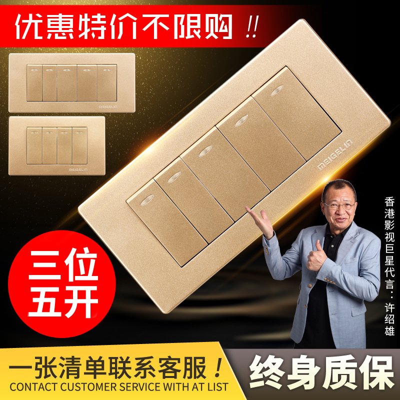 Type 118 concealed wall switch socket panel three 5 open small five open double cut double switch champagne gold box