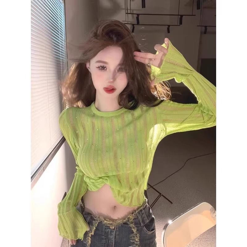Pure Desire Sweet Hot Girl Thin Hollow Ice Silk Knitted Sun Protection Blouse Top Women's Design Niche Long Sleeve T-Shirt Summer