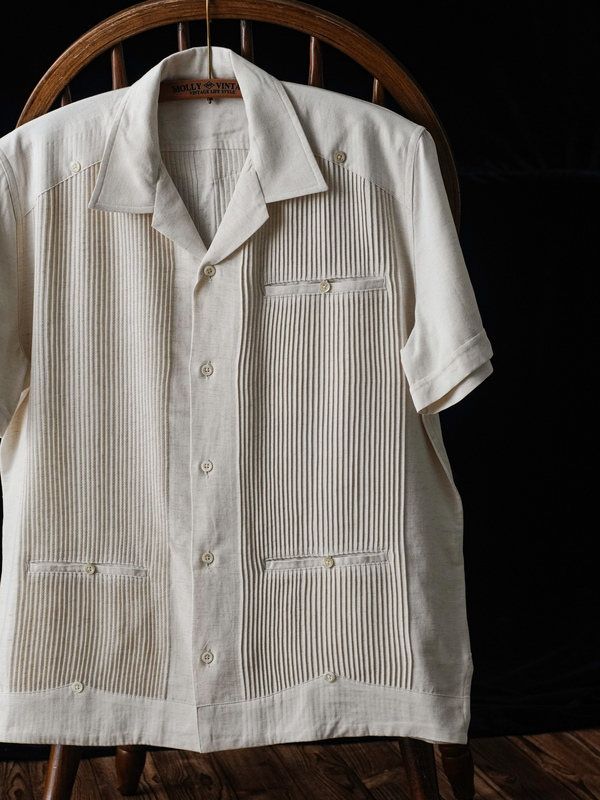 Double-Layered Tencel Linen Guayabera Short-Sleeve Cuban Collar Shirt with Jacquard Blend