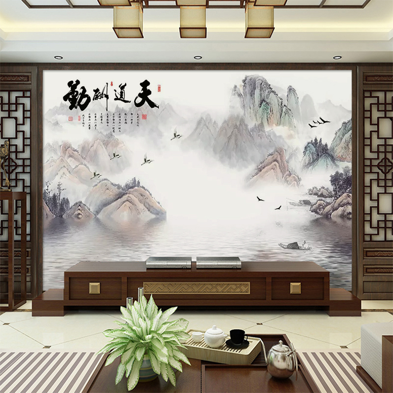 New Chinese TV background wall stickers Household 5d three-dimensional decorative landscape stickers Living room atmospheric film and television wall cloth wallpaper