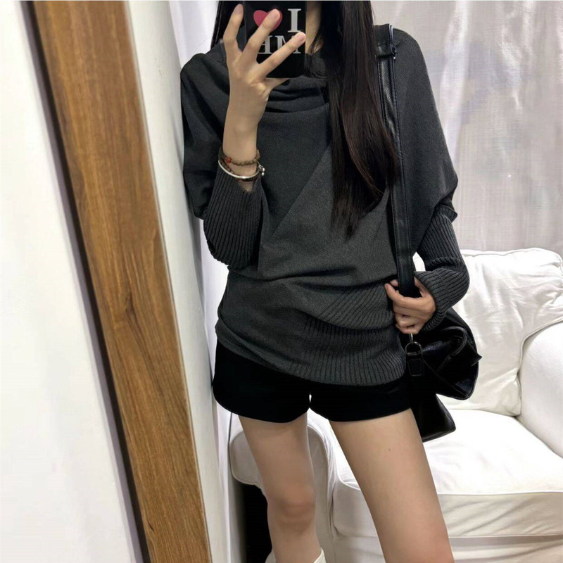 Yingxue Qian'Er Knitted Clothing Spring and Autumn Korean Style Women's Knitwear Irregular Asymmetrical Pullover Sweater Batwing Top
