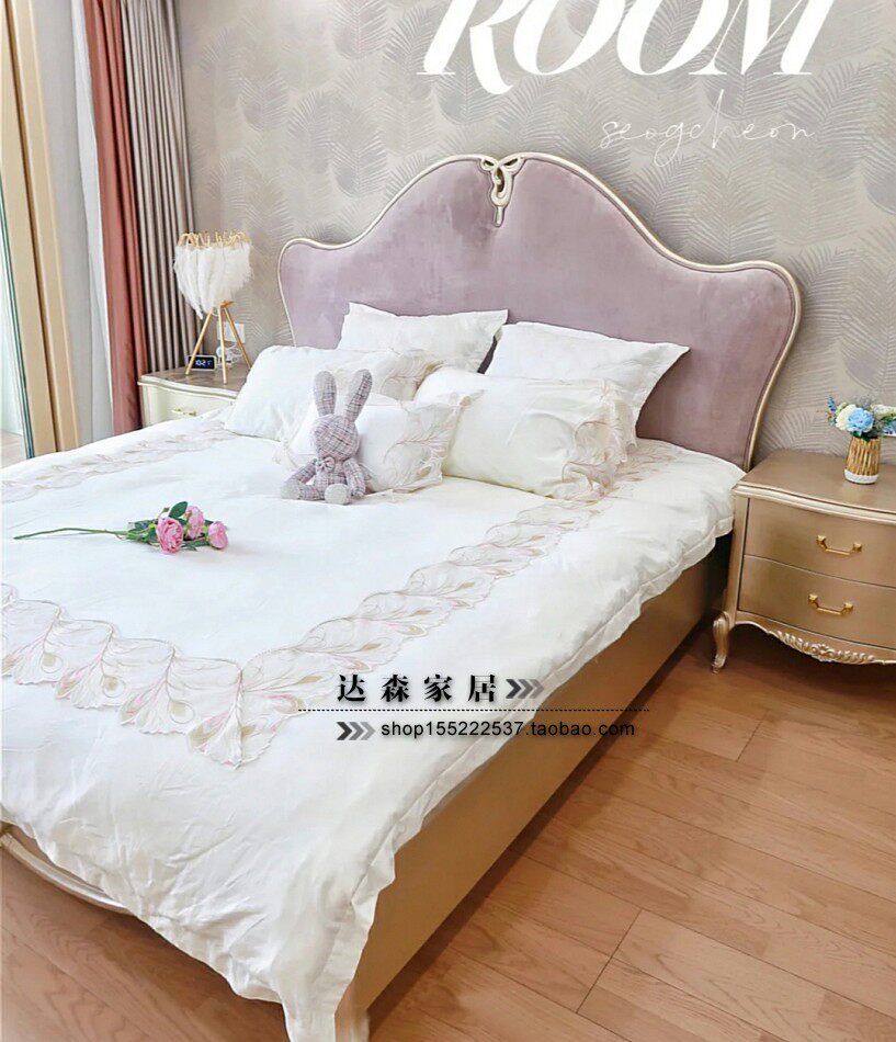 American light lavish bed net red princess girl bed master bedroom with double soft bag wedding bed French artichokes purple high box containing bed