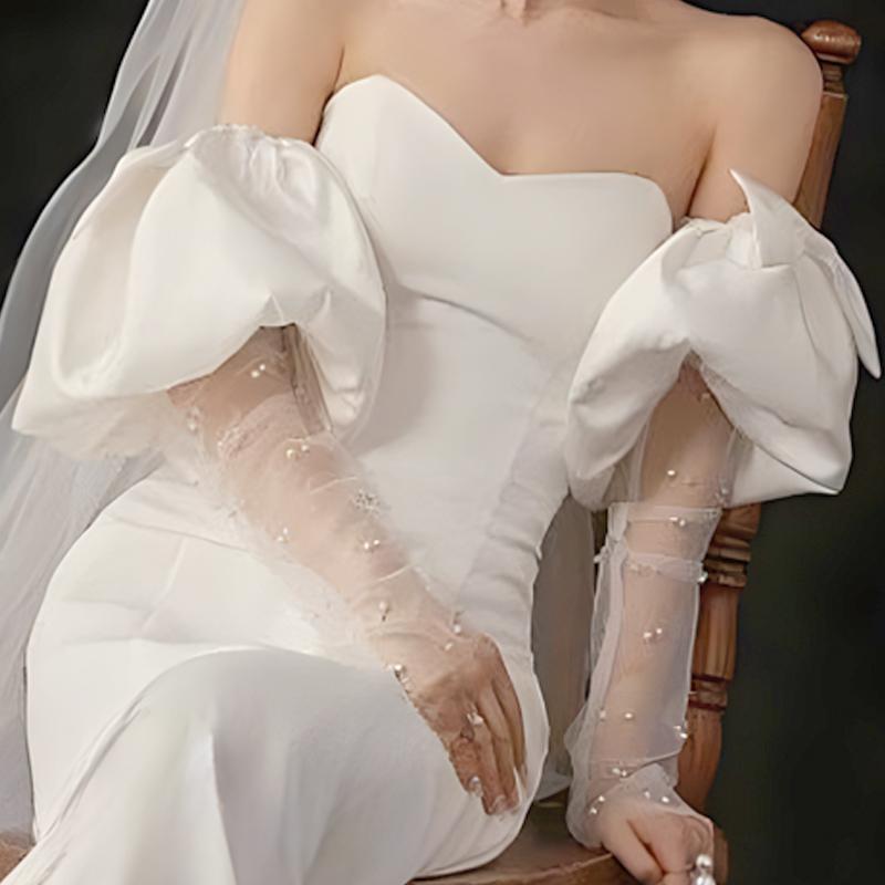 Strapless Wedding Dress Arm Sleeves Puff Sleeves Bow White Satin Sleeves Arm Cover Gloves Sleeves