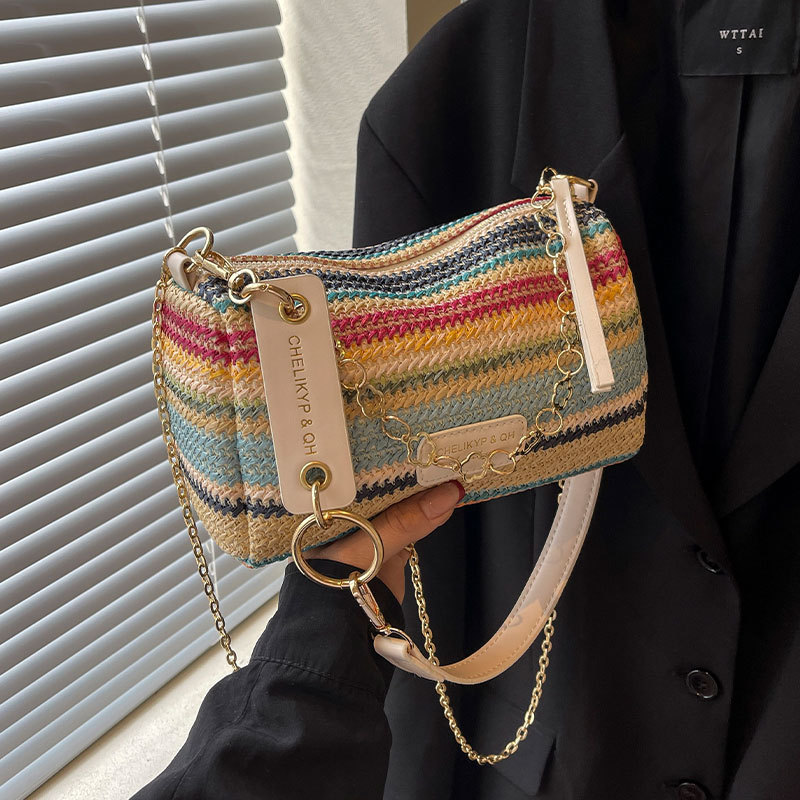 Rainbow Color-Block Woven Bag for Women, Summer 2025 New Fashion Shoulder Commuter Bag, Large Capacity Casual Crossbody Bag