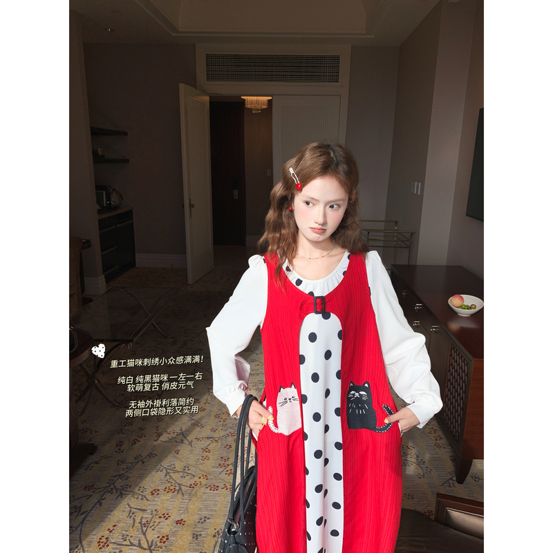Gula Liangpin's "Cat Gift Pack" Retro Detachable Two-Piece Set Loose Long-Sleeved Round-Neck Polka-Dot Dress Gula Liangpin's "Cat Gift Pack" Retro Detachable Two-Piece Set Loose Long-Sleeved Round-Neck Polka-Dot Dress