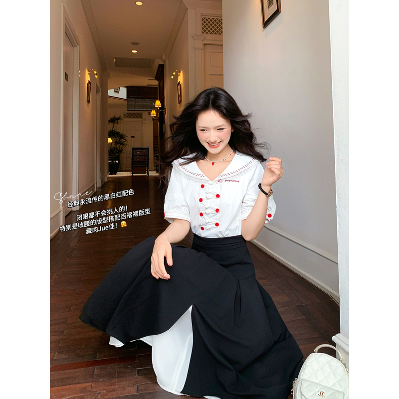 Gula Liangpin Original Navy Collar Preppy Style Short-Sleeved High-End French-Style Waist-Cinching Fake Two-Piece Beautiful Dress