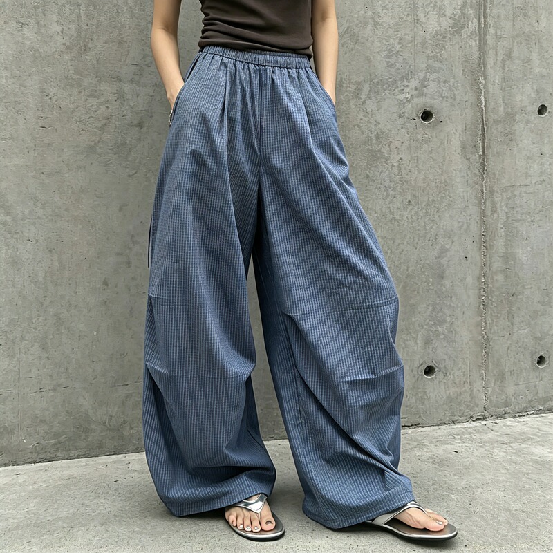 5903 Lazy Style Elastic Waist Blue Plaid Wide-Leg Pants for Women 2026 Summer Korean Style Retro Loose Floor-Length Pants 5903 Lazy Style Elastic Waist Blue Plaid Wide-Leg Pants for Women 2026 Summer Korean Style Retro Loose Floor-Length Pants