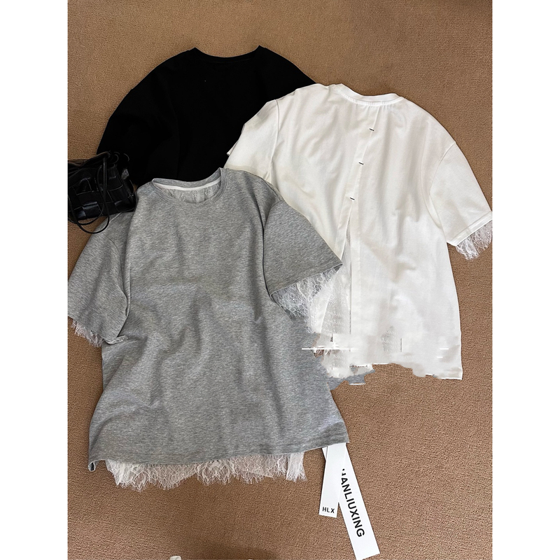 6.17/ "Floral Collection" European-Style Design Lace Wave Backless Trendy Oversized European and Korean Short-Sleeve Top