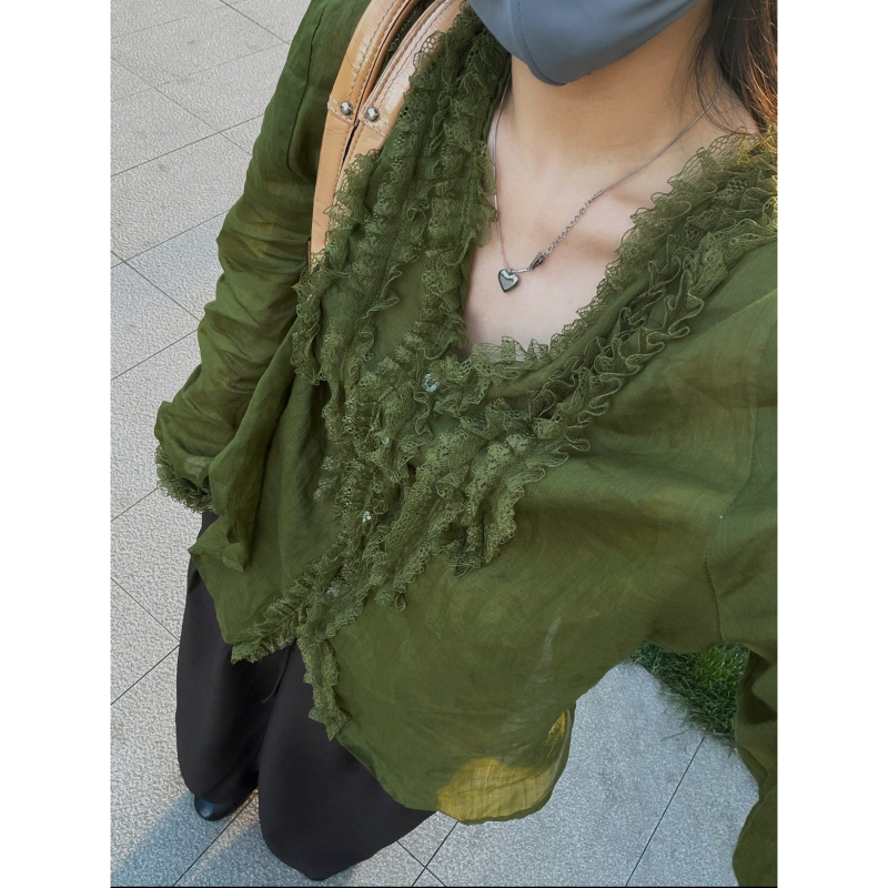 5.20/ “Begonia in Bloom” Heavy Lace Trim 100% Ramie Shirt for Women, Lightweight Lace Shirt for Summer