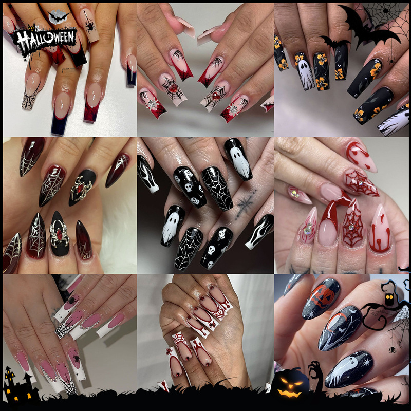 Halloween Hot-Selling Wearable Nails with Spider Web, Heart-Shaped Rhinestones, Ghost, Stars, and Moon Designs, Detachable Fake Nails