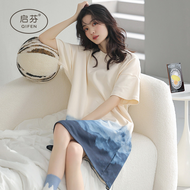 2022 New Summer Short Sleeves Pure Cotton Sleeping Dress Woman Pure Desire Wind Sleeping Clothes Summer Money RED HOME Thin Net Red Home summer