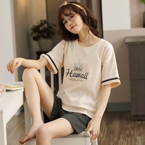 2022 New Sleepwear Lady Summer Short Sleeve Shorts Pure Cotton Slim Summer Full Cotton Home Suit Suit