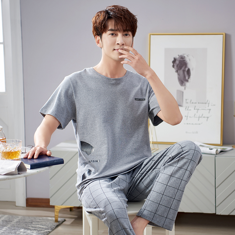2022 New Sleepwear Men's Summer Pure Cotton Short Sleeve Long Pants Thin summer Men's home Clothing All-cotton Set