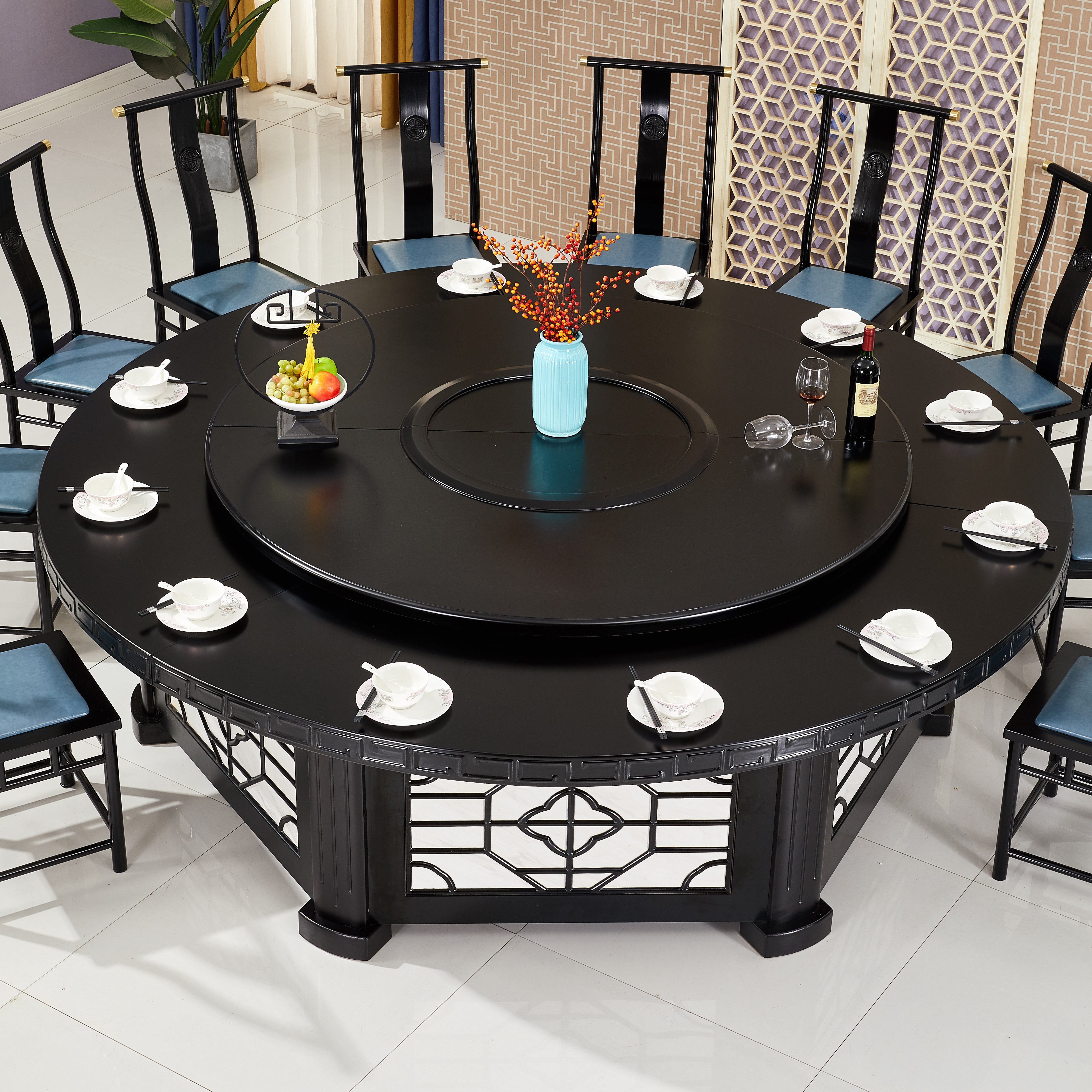 Electric dining table Large round table 20 people automatic rotating turntable Dining room Hotel hotel box table and chair combination 2020