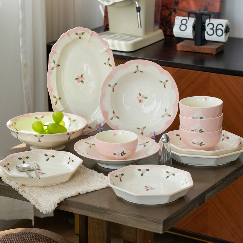 Ceramic Bowl and Plate Set with Misty Rose Design, High Aesthetic Value, Suitable for Home Use, Underglaze Color, Ideal for Weddings and Housewarming