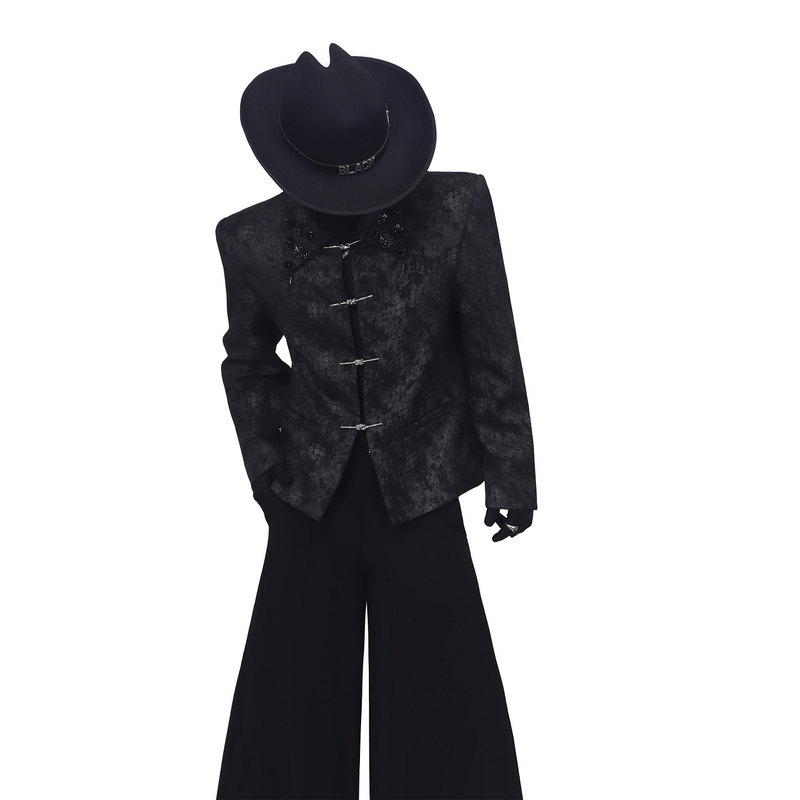 Blackclothes New Chinese-Style Textured Lapel Design Blazer with Silver Buttons, Vintage Loose-Fitting Suit, Trendy