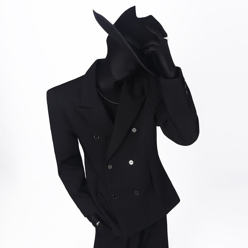 Blackclothes High-End Tailored Wide-Waisted Notched Lapel Long-Sleeve Blazer with Unique Raised Shoulders, Trendy Black Suit for Men