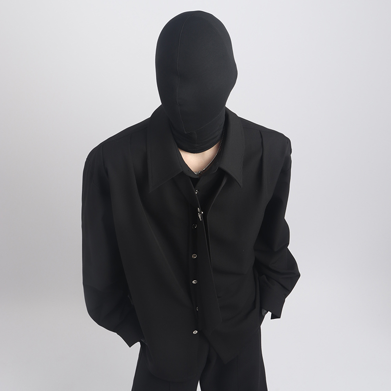 Black Clothes High-End Stylish Tie-Decorated Shirt for Men, Solid Color Versatile Fashionable Men's Shirt Black Clothes High-End Stylish Tie-Decorated Shirt for Men, Solid Color Versatile Fashionable Men's Shirt