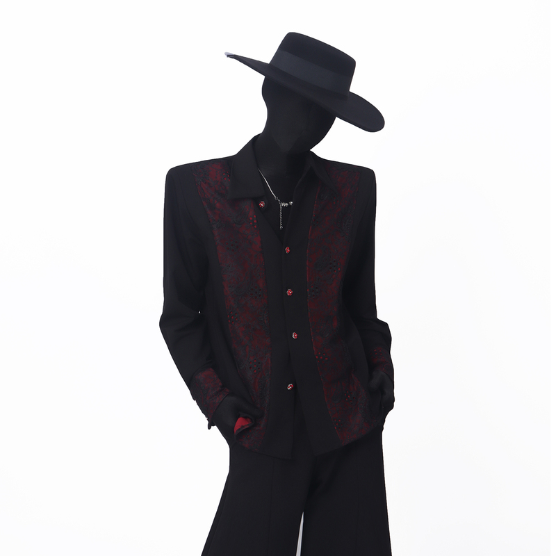 Blackclothes Light Luxury Fashion Versatile Elegant Floral Embroidered Court-Style Black Shirt with Shoulder Pads and Long Sleeves