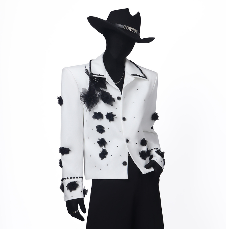Blackclothes Light Luxury Three-Dimensional Flower Pearl-Encrusted Short Blazer with Rhinestones, Unique Stage Style Trendy Suit Blackclothes Light Luxury Three-Dimensional Flower Pearl-Encrusted Short Blazer with Rhinestones, Unique Stage Style Trendy Suit