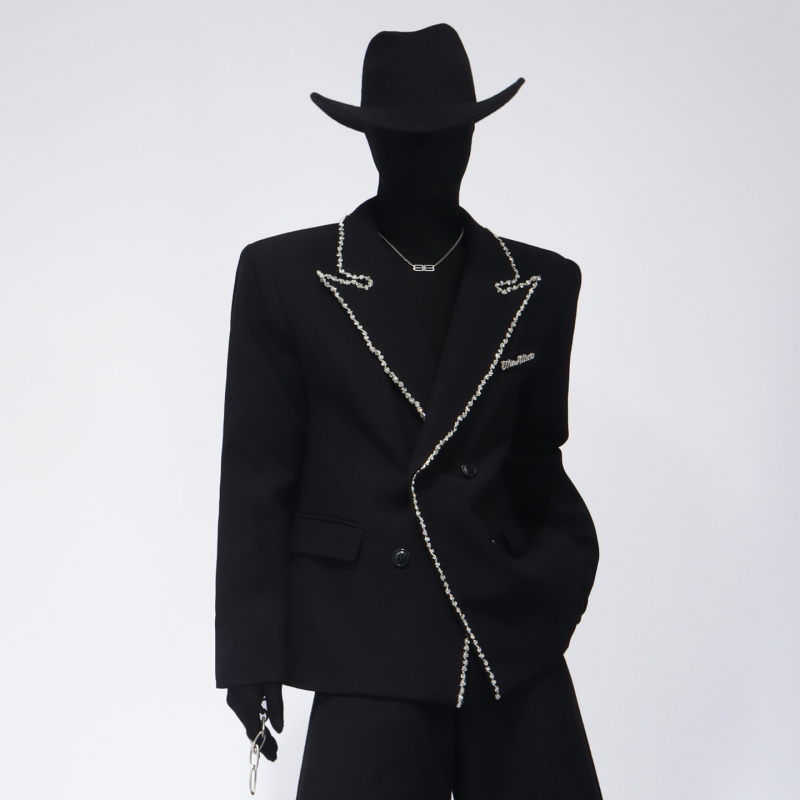 Black Clothes with Diamond-Studded Design, Shoulder-Padded Blazer, Versatile and Trendy Casual Suit Top