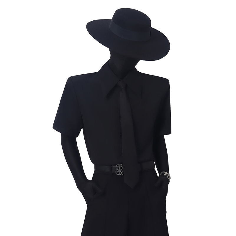 Blackclothes Simple and Versatile Short-Sleeved Shirt with Black Tie and Lapel Design, Shoulder Pads, Unisex Style Blackclothes Simple and Versatile Short-Sleeved Shirt with Black Tie and Lapel Design, Shoulder Pads, Unisex Style