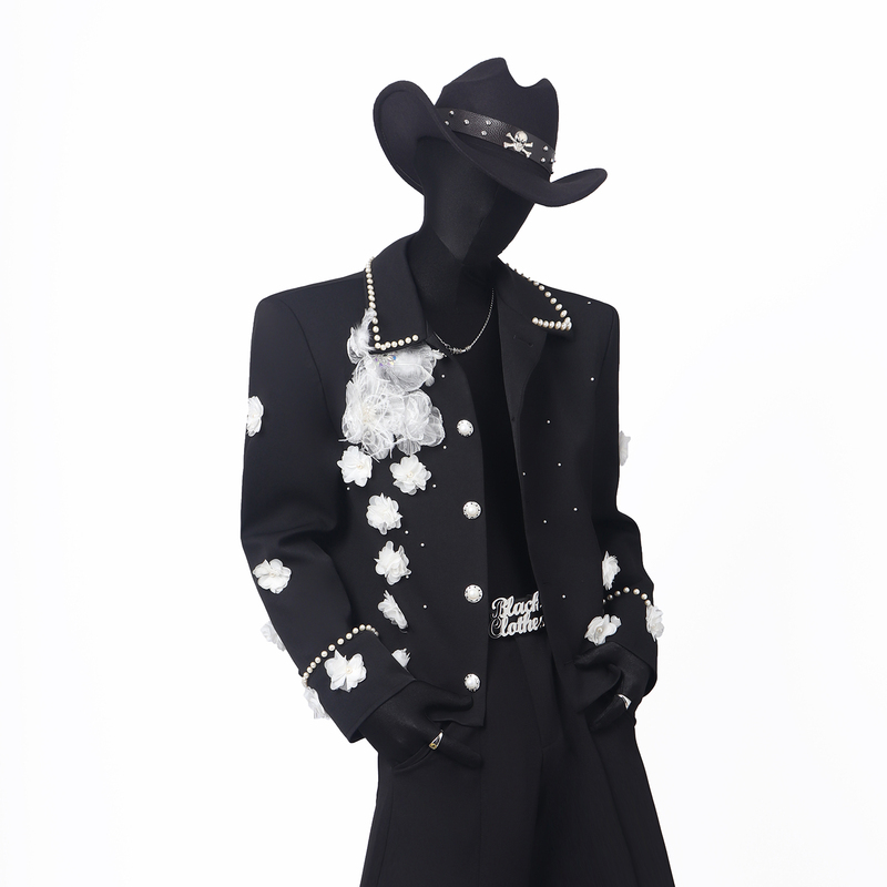 Black Clothes Light Luxury Pearl Chanel-Style Jacket for Men with Three-Dimensional Floral Lapel, Short Padded Shoulder Jacket for Men