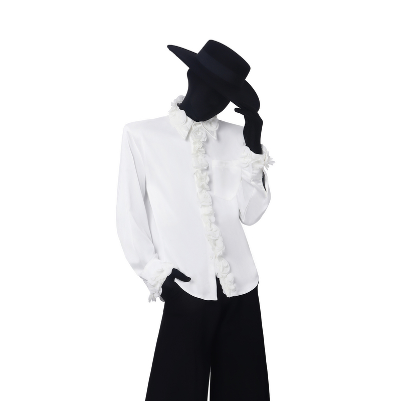 Blackclothes Three-Dimensional Rose Flower Shirt for Men, Satin Lace Collar, Niche Design Long-Sleeved Shirt