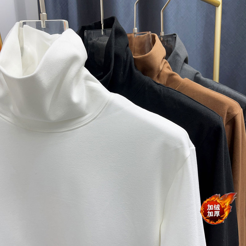 Fleece-Lined Thick Turtleneck Long-Sleeve T-Shirt for Men, Double-Sided Fleece, Autumn and Winter Thermal Base Layer, Pure Color Thermal Shirt
