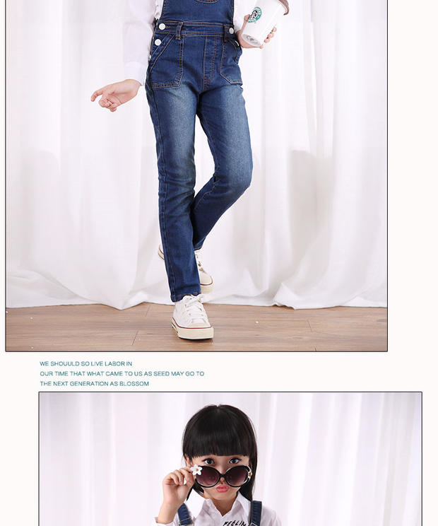 Quần trẻ em mùa xuân và mùa thu cô gái mới denim yếm quần trẻ em trẻ em phiên bản Hàn Quốc của quần dây đeo liền kề quần jean bé trai