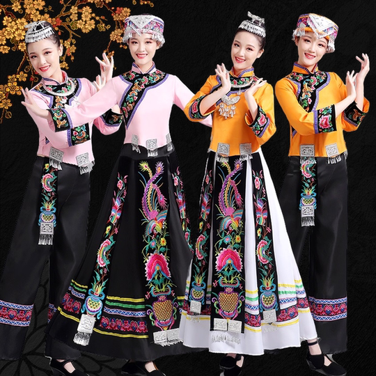 Merkmale ethnischer Minderheiten, traditionelle Kleidung, erwachsene weibliche Gelao-Performance, langer Rock, besticktes Tanz-Performance-Kostüm-Set