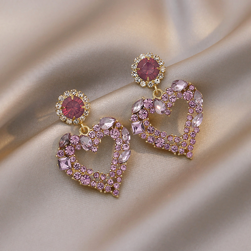 Purple peach heart ~ heart to heart ~ light luxury earrings simple fashion ear needles trendy temperament design full diamond earrings