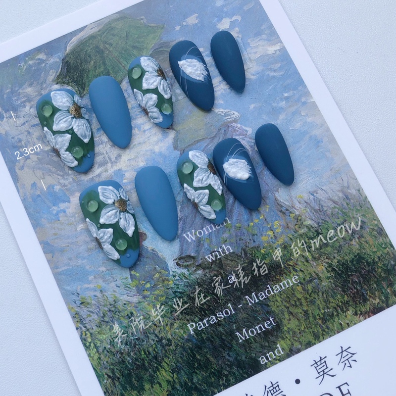 [Monet Garden] Hand-Painted Plaster Relief Wearable Manicure Stickers Medium-Length Almond Nails Reusable