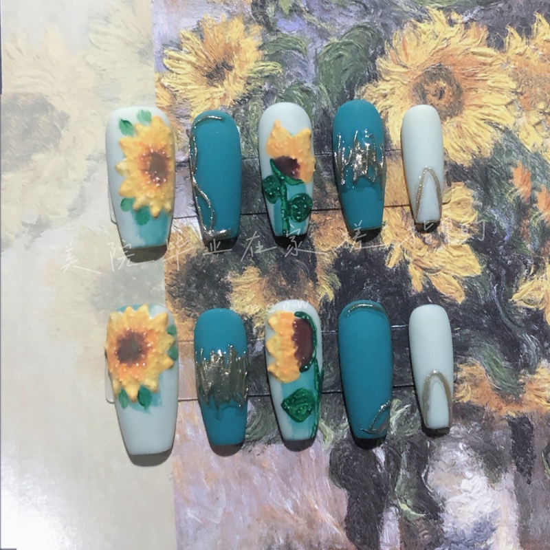 Sunflower Van Gogh Van Gogh Sunflower Wear Nails Medium Long t Length 2.4cm Yellow Green Crab Green Sunflower Van Gogh Van Gogh Sunflower Wear Nails Medium Long t Length 2.4cm Yellow Green Crab Green