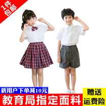 Shenzhen Elementary School Student School Uniform Dress Uniform Men And Women Summer Suit Short Sleeve Shirt Plaid Shorts Uniform Collar Tie