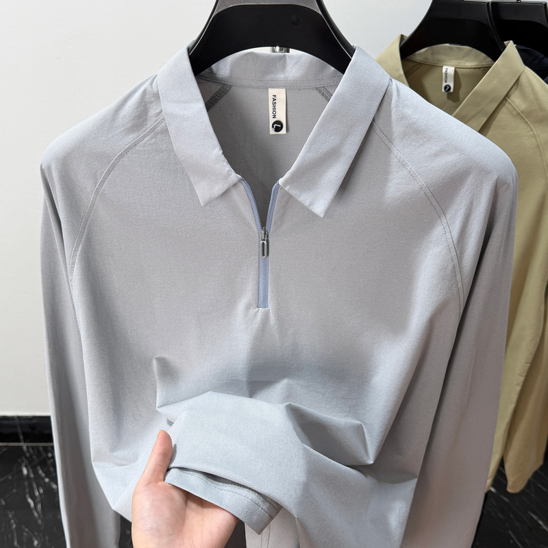 Raglan Sleeve Polo Shirt for Men with Half-Zip, Casual Outdoor Sports Long-Sleeve T-Shirt, Autumn Commute Versatile Top