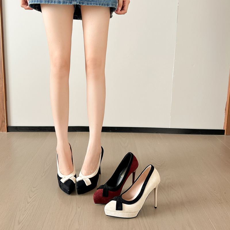 Spring and Autumn New Style Small Fragrant Style Retro Bow-Knot Small Platform Shallow Pointed Toe Stiletto High Heels Large Size Women