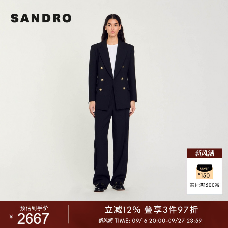 Sandro Women's French Fashion Casual Commuter Style Black Double-Breasted Notch Lapel Blazer Sandro Women's French Fashion Casual Commuter Style Black Double-Breasted Notch Lapel Blazer