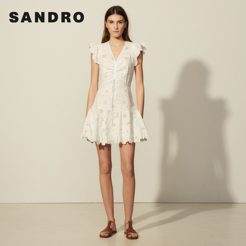 sandro 2021 summer new women's exquisite daisy lace V-neck lace-up dress SFPRO01727