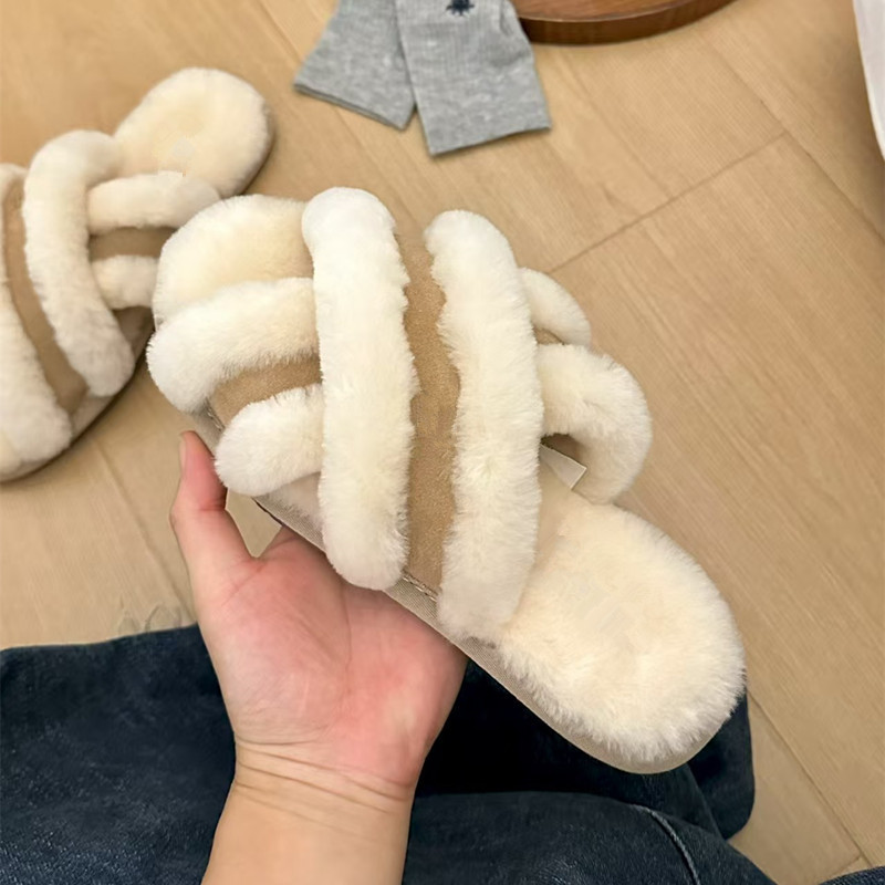 Sangpo Spring and Summer Sheepskin and Wool Integrated Cross-Strap Slippers for Women, Fashionable Flat Casual Slip-On Furry Sandals