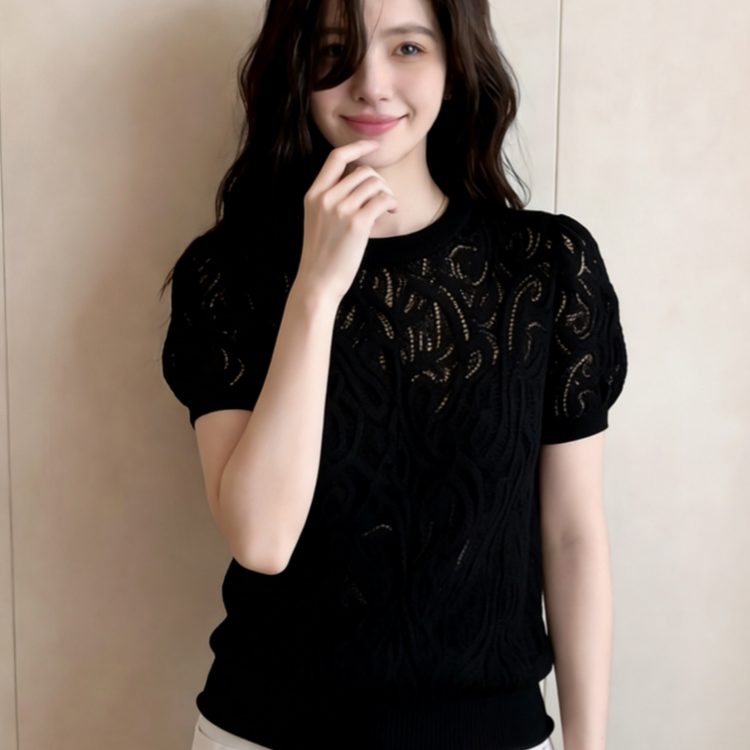 High-End Textured Black Fashionable Lace Embroidered Short-Sleeved T-Shirt for Women 2026 Spring and Summer New Style Unique and Beautiful Top