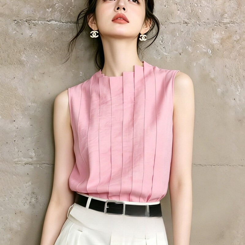 Very Beautiful, Unique, Bright, Stylish Top with an Age-Reducing Accordion Pleat Design, Pink Stand-Up Collar, Sleeveless Shirt for Summer