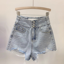 2020 summer light blue and white high waist breasted denim shorts womens fashion show high hole super soft denim hot pants tide