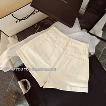 Korean version of foreign style denim shorts women apricot color wide pine summer 2021 New High waist slim edge apricot color wide leg hot pants