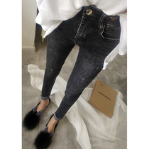 Thin and wild black gray high waist stretch nine-point jeans womens Korean version thin small feet pants tide 20 new models