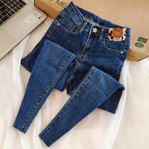 Self-staying BAO WEN Splicing Laughs Face Denim Shorts Women Fashion High Waist Elastic 90% 100 lap little footed pants 2021 Fall