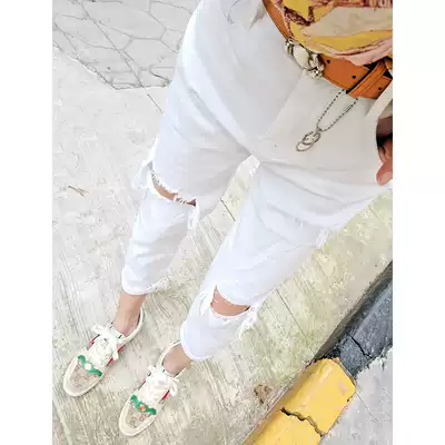 Thin summer high waist straight tube perforated rolled edge fashion dad white jeans casual thin nine-point pants female