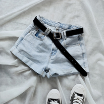 Small fresh Korean ins light blue white crimped denim shorts womens net red loose small size denim hot pants X