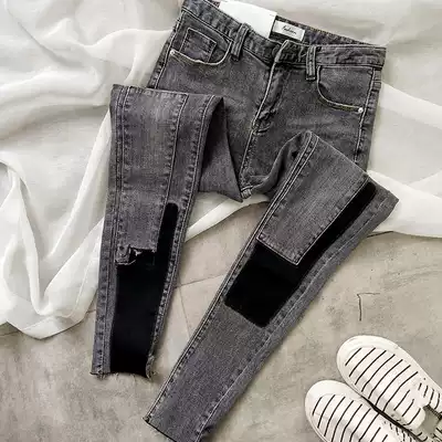 19 autumn new light cigarette gray jeans women's fashion stitching contrast nine-point high waist wild cigarette tube pants size 24