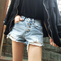 Breasted belly small size light blue white hole denim shorts womens Korean ins super fire fashion hot pants 21 summer xs